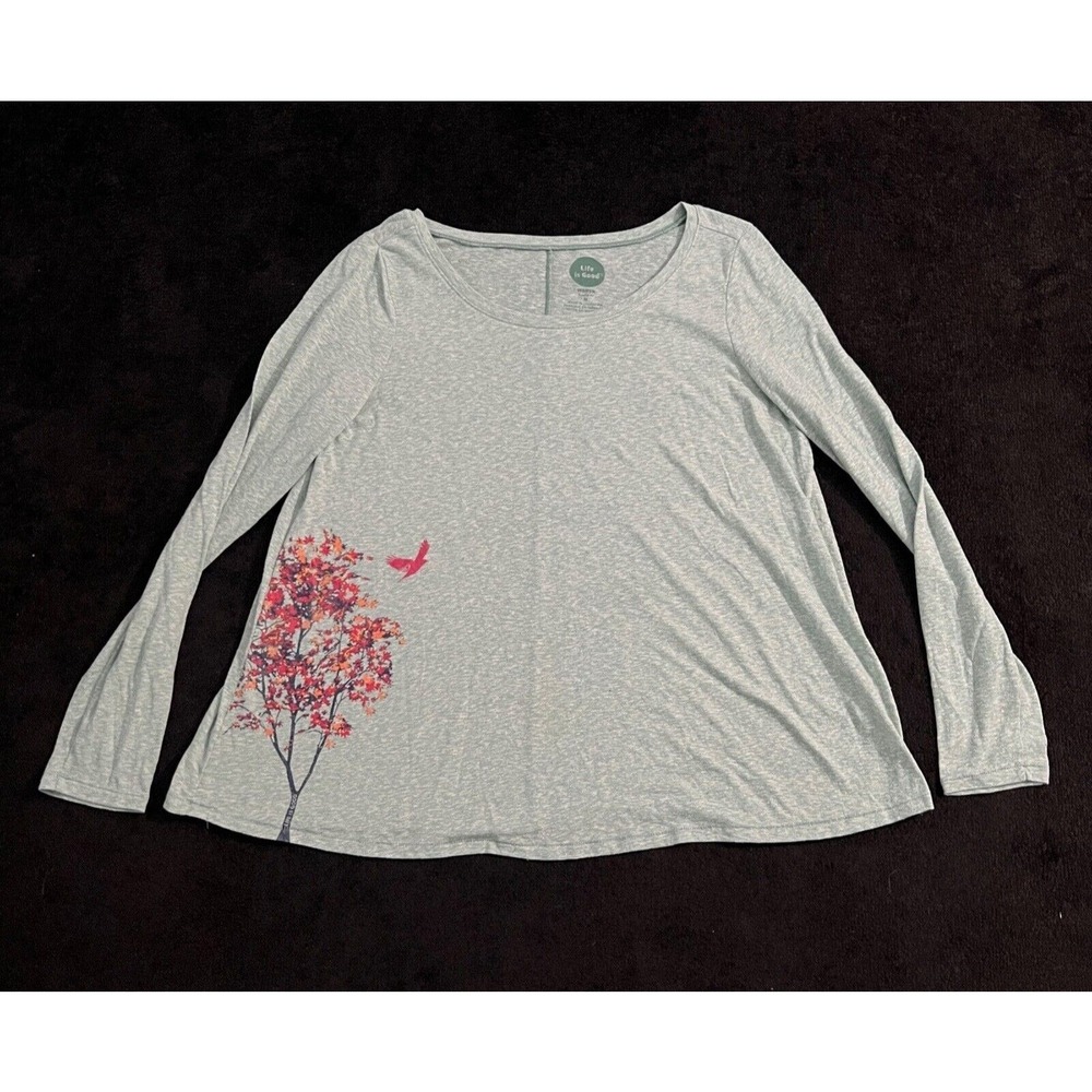 Life is Good Shirt Women Medium Relaxed Fit Tree Bird Green Long Sleeve Cotton